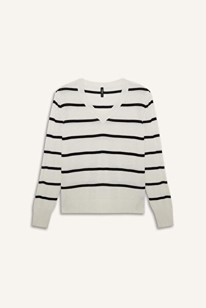 DeFacto Relax Fit V-Ausschnitt, weicher, strukturierter, gestreifter Strickpullover 3113229