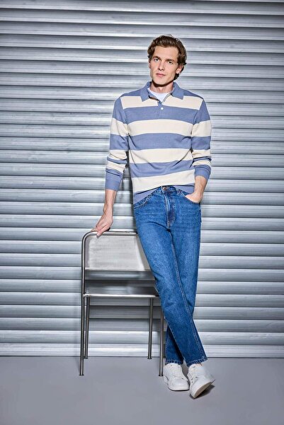 DeFacto Standart Fit Normal Kesim Çizgili Polo Yaka Triko Kazak Y4194AZ24WN