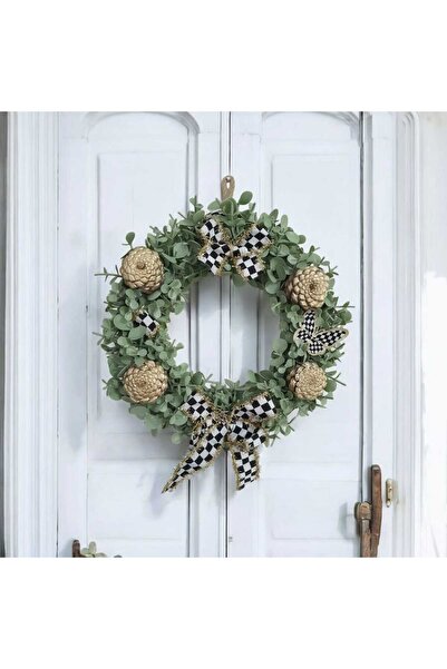 TASARİMECRN Damalı Kurdeleli okaliptus yapay çiçek kelebekli Kapı Süsü Duvar ...