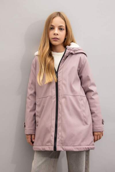 DeFacto Girls' Water Repellent Hooded Faux Fur Lined Long Raincoat C5229A824Au