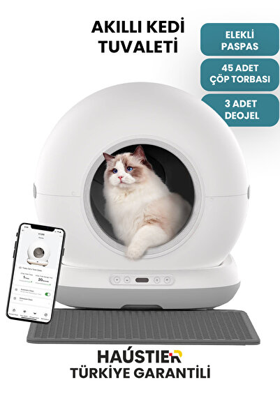 Haustier CB001 Akıllı Otomatik Kedi Tuvaleti, 75lt Hazneli, 45 Adet Çöp Torba...