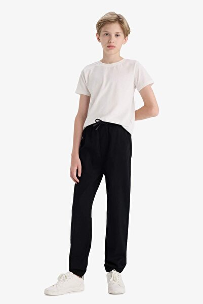 DeFacto Boy's Black Gabardine Jogger Trousers - Lace-Up Waist, Pocketed Leg A9395A824Wn