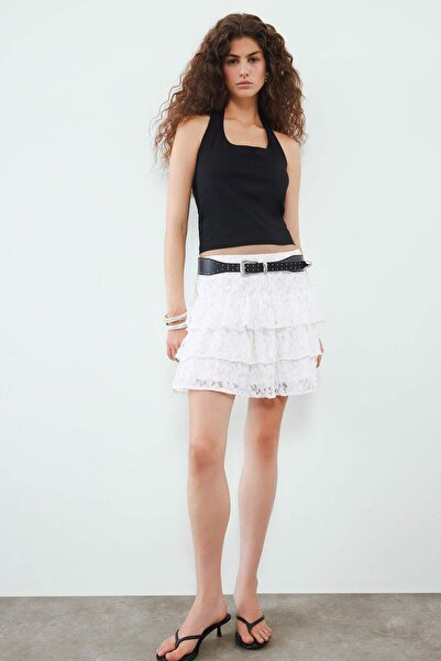 DeFacto Μίνι φούστα με δαντέλα με χτενισμένη βαμβακερή φόδρα σε γραμμή Α κανονική μέση F2012AX25SM