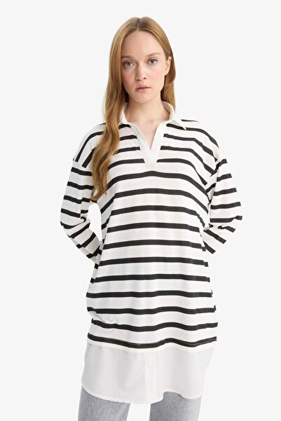 DeFacto Tričko s dlouhým rukávem Regular Fit s proužkovaným polo výstřihem a detailem na lemu D2183AX24AU