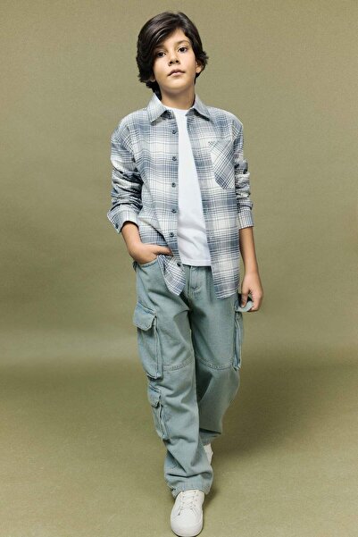 DeFacto Πουκάμισο με μακρυμάνικο φανελένιο καρό γιακά πόλο για αγόρια με φαρδύ κορδόνι G3463A825WN