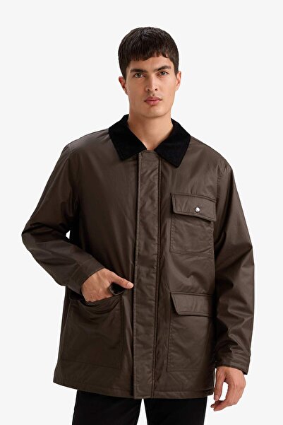 DeFacto Εποχιακό παλτό με λεπτομέρεια εσωτερικής τσέπης με βελούδινο γιακά πόλο με άνετη εφαρμογή Relax Fit F4946AX25WN