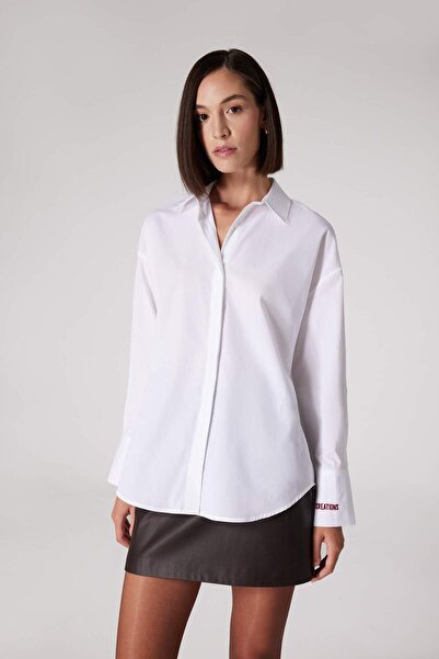 DeFacto Sorbe x Oversize Wide Fit Βαμβακερό εμπριμέ μακρυμάνικο λευκό πουκάμισο E0654AX24WN