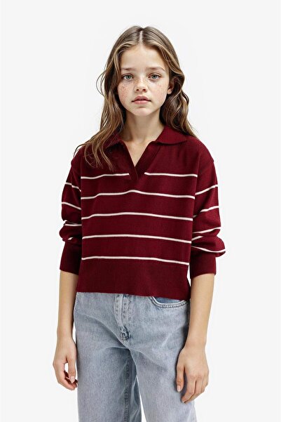 DeFacto Πλεκτό πουλόβερ για κορίτσια Standard Fit Polo Collar ριγέ E7737A825AU