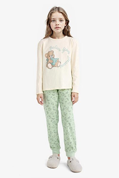 DeFacto Pyjama-Set für Mädchen, bedrucktes Langarm-Oberteil, gemustertes langes Unterteil F6219A825WN