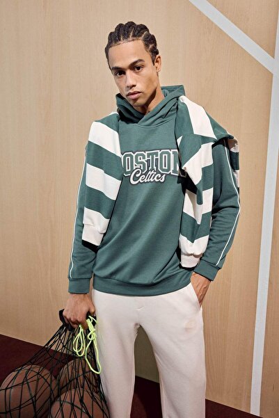 DeFacto Defactofit Nba Boston Celtics Boxy Fit Hooded Modal Sweatshirt E8948Ax25Au