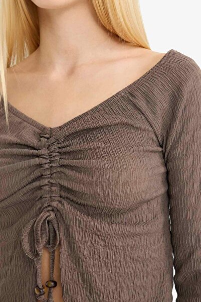 DeFacto Coool Flare Fit Wrinkle Front Tie-Up Long Sleeve Blouse G3007Ax25Wn