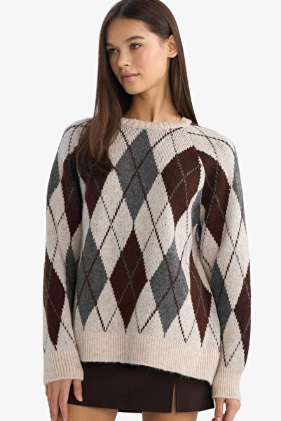 DeFacto oversized Πλεκτό πουλόβερ με φαρδύ λαιμόκοψη με διαμαντένιο σχέδιο G4418AX25WN