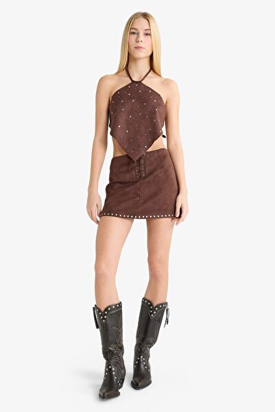 DeFacto Coool Fitted Halter Neck Suede Blouse G2892Ax25Au