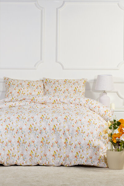 Elart Floret Nevresim Takımı Çift Kişilik Lastikli Çarşaf (200x220 cm) Ekru