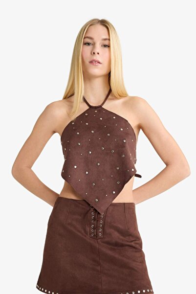 DeFacto Coool Fitted Halter Neck Suede Blouse G2892Ax25Au