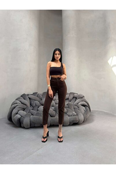 SHEVEGA Women's Brown High Waist Linen Pants with Cut-Out Tight Legs