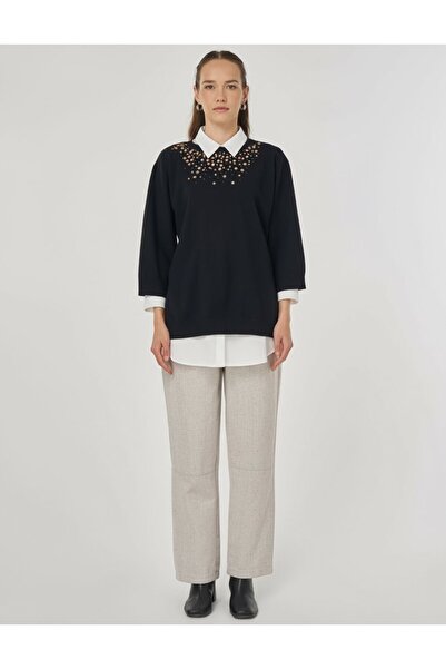 Kayra Sequin Embroidered Viscose Knitwear Tunic Black