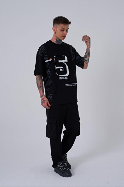 Machinist Ανδρικό μπλουζάκι Νούμερο 5 με τύπωμα oversized Μαύρο