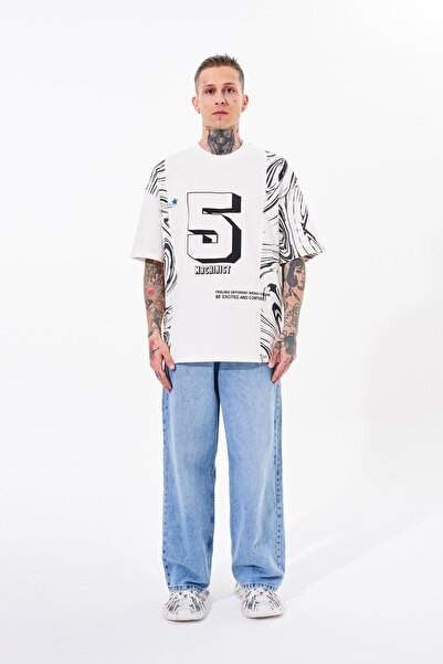 Machinist Ανδρικό μπλουζάκι Νούμερο 5 με τύπωμα oversized Εκρού