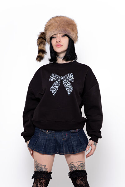 Sokak Butik Γυναικείο μαύρο φούτερ χωρίς κουκούλα με στάμπα Leopard V2 με φιόγκο