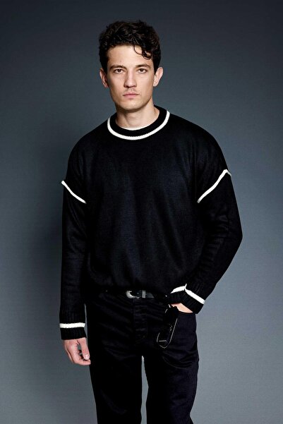 ablukaonline Men's Oversized Round Neck Contrast Detailed Sweater Black