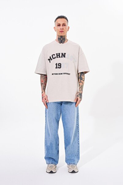 Machinist Ανδρικό κεντημένο oversize μπεζ μπλουζάκι - Washable Spotted Design