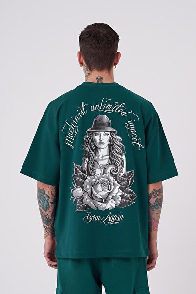 Machinist Ανδρικό μπλουζάκι Rose με τύπωμα oversized Oil Green