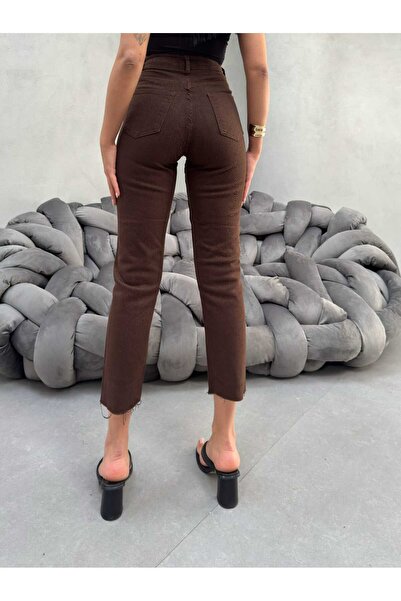 SHEVEGA Women's Brown High Waist Linen Pants with Cut-Out Tight Legs