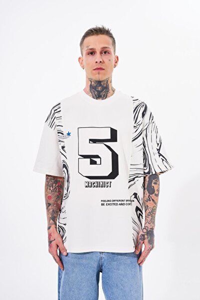 Machinist Ανδρικό μπλουζάκι Νούμερο 5 με τύπωμα oversized Εκρού