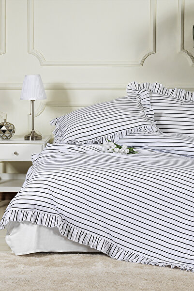 Elart طقم غطاء لحاف لارا مفرد مع ملاءة مرنة 100% قطن رانفورس مكشكش 160×220 سم أسود