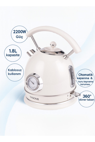 Yasomi YK-823NTSL 2200W 360° Döner Taban Kablosuz Kullanım Retro Su Isıtıcı Kettle