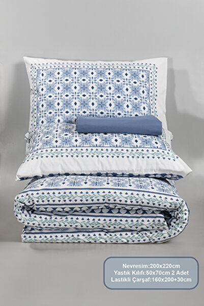 Elart Set de lenjerie de pat Amanda, dublu, bumbac 100% cearșafuri elastice Ranforce (200x220 cm) albastru