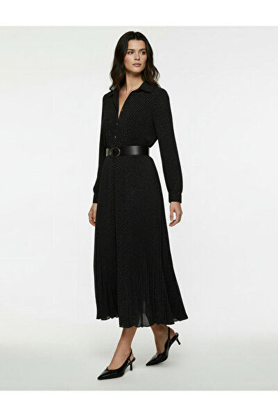 Koton Rochie cămașă cu mâneci lungi, cu pliuri, cu buline, cu detaliu de curea cu nasturi