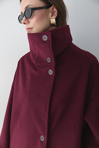 Laluvia Burgundy Vittoria Buttoned Collar Coat - 2511