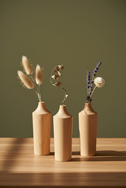 HAMUR Wooden 3-Piece Decorative Vase Set Modern Minimalist Rustic Living Room Office Home Decor Flower Holder Lignum