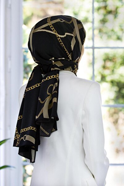 Vissona LÜKS MEDİNE İPEĞİ ZİNCİRLİ KEMER DESENLİ SİYAH RENKLİ 75X195 KIRIŞMAZ ŞAL MOSS KREP DİKİŞ TİPİ İTALY