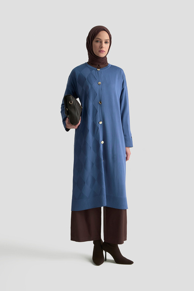 Armine Buttoned Diamond Patterned Long Knitwear Cardigan