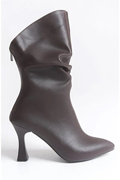 KOCAMANLAR Γυναικείες μπότες με φερμουάρ στην πλάτη και κορδόνι περίσφιξης καφέ