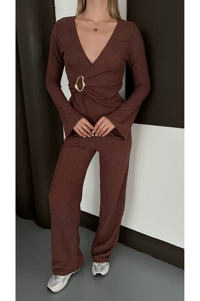 mielva Γυναικείο Σετ Παντελόνι με Καφέ Πόρπη διπλό πέτο Παντελόνια με Φαρδύ Πόδι