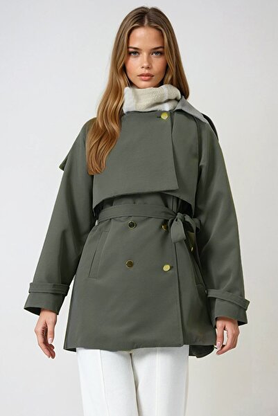 VAGGON Жіночий хакі двобортний підкладний тренч з поясом, плечима та поясом з еполетами Vs01026