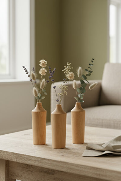 HAMUR Wooden 3-Piece Decorative Vase Set Modern Minimalist Rustic Living Room Office Home Decor Flower Holder Lignum