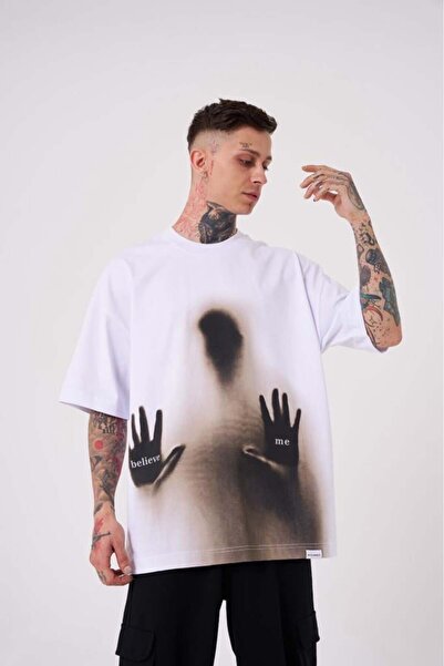 Machinist Чоловіча футболка Believe Me з принтом, біла, оверсайз
