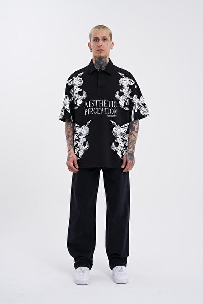 Machinist Men's Aesthetic Flower Printed Polo Neck T-Shirt Black