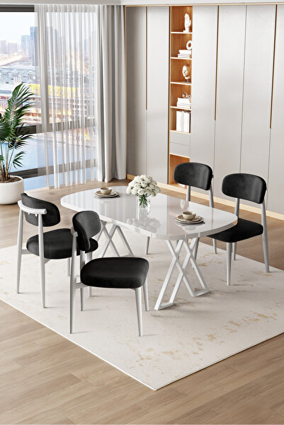 Canisa Jolin Serisi Mdf 90x168 Beyaz Mutfak Masa Takımı 4 Siyah Metal Sandalye