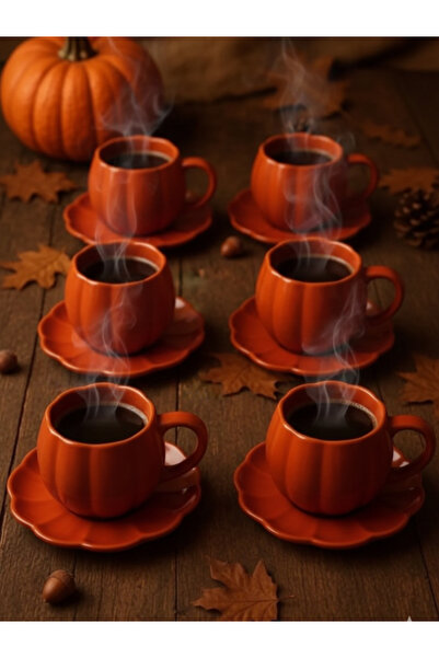 Viyalente Handmade 6-Person Ceramic Pumpkin Tea Coffee Cup Set with Saucers Orange Mug 250 ml