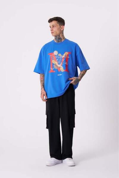 Machinist Ανδρικό μπλουζάκι Crane Bird με τύπωμα oversized γαλάζιο