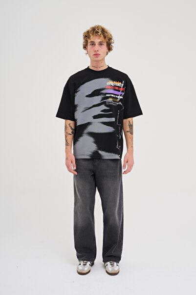 Machinist Ανδρικό πολύχρωμο και σλόγκαν εμπριμέ μαύρο μπλουζάκι