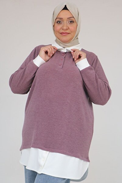 Eslina 58159 Plus Size Shirt Collar Look Paneled Mir Tunic - Dusty Rose