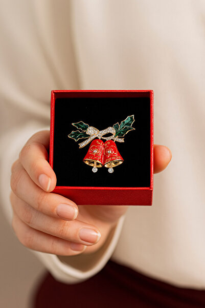 New Obsessions Yılbaşı Kırmızı Mineli ve Taşlı Çan Broş Yaka İğnesi