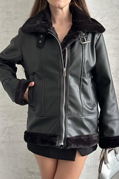 moda armanc Women's Faux Leather Black Fur Coat – Leather Jacket with Plush Inner Lining